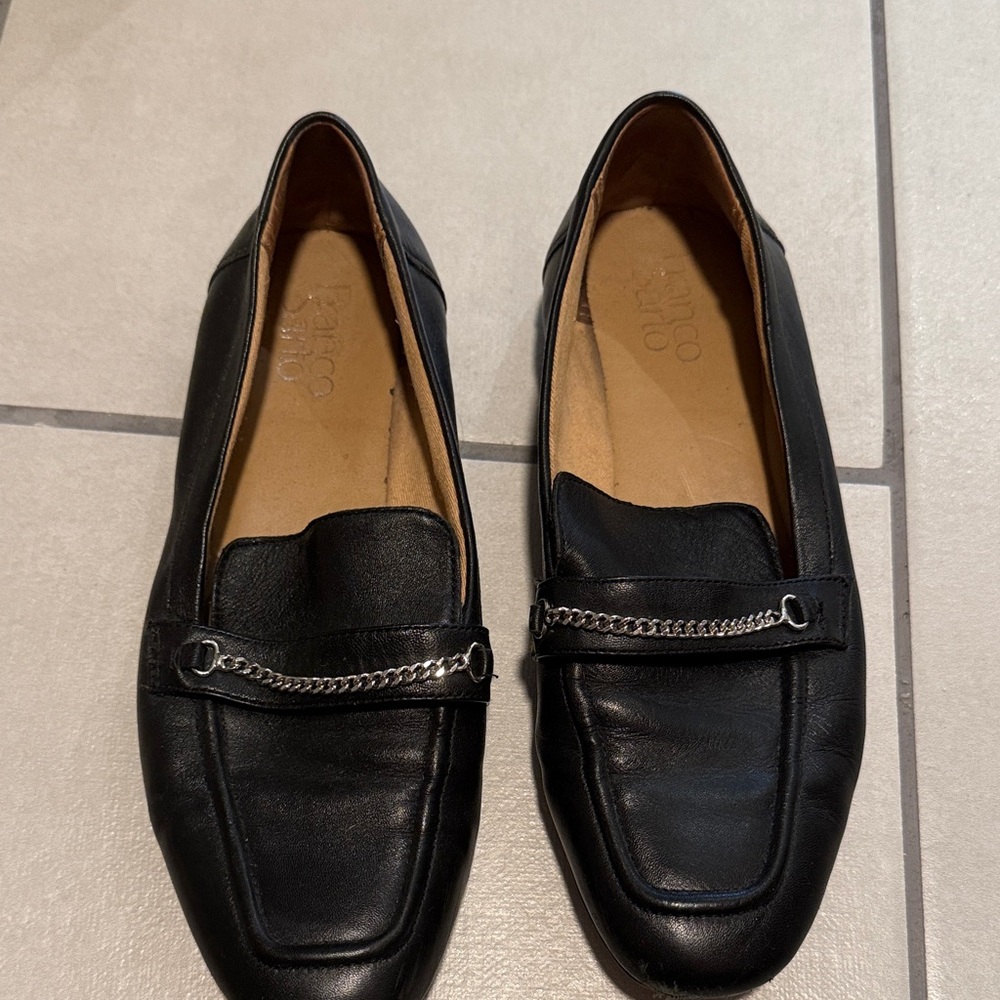 Franco Sarto Black Leather Loafers with Silver Chain